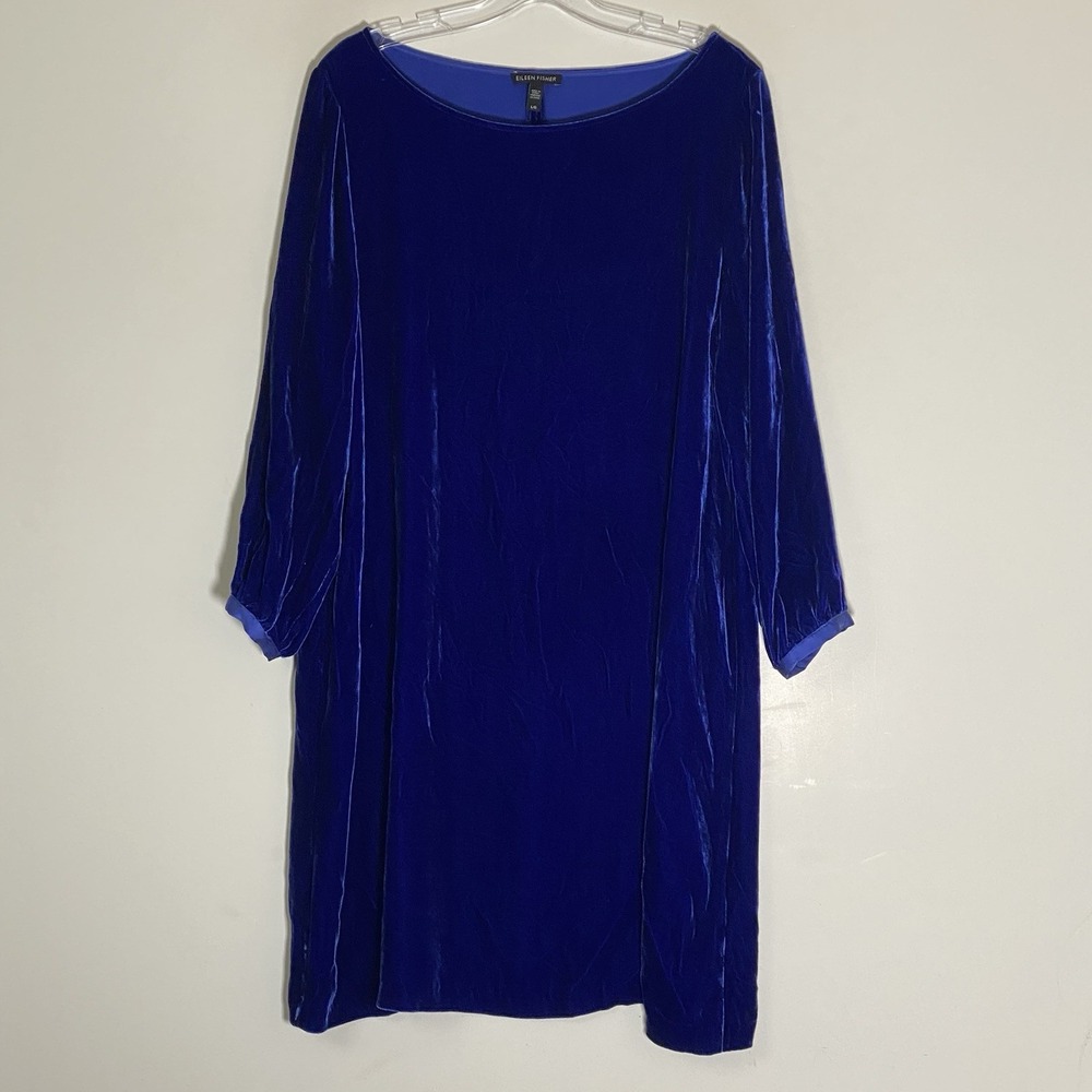 Eileen Fisher Dress Large Blue Velvet Silk Blend Classy Holiday Modern Minimal L